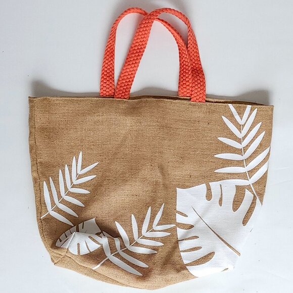 LARGE VICHY BEACH BAG Tropical Tote Bag Burlap with Coral Handle and Interior - Picture 1 of 4